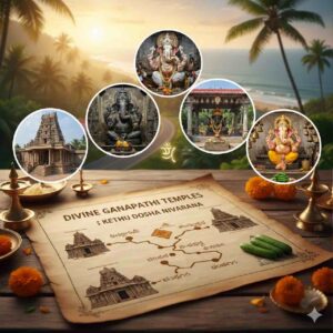 A spiritual collage featuring five famous Ganesha temples of Coastal Karnataka, a vintage route map, and traditional ritual items like oil lamps and marigold flowers against a sunset beach background.
