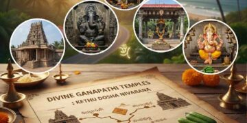 A spiritual collage featuring five famous Ganesha temples of Coastal Karnataka, a vintage route map, and traditional ritual items like oil lamps and marigold flowers against a sunset beach background.
