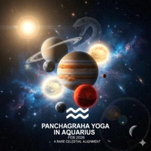 A cinematic celestial alignment featuring five planets in the Aquarius constellation with the Aquarius symbol and Rahu snake silhouette, titled Panchagraha Yoga in Aquarius Feb 2026.