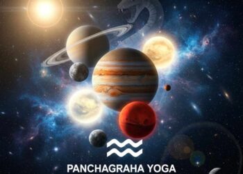 A cinematic celestial alignment featuring five planets in the Aquarius constellation with the Aquarius symbol and Rahu snake silhouette, titled Panchagraha Yoga in Aquarius Feb 2026.