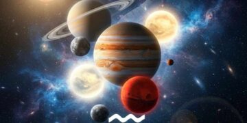 A cinematic celestial alignment featuring five planets in the Aquarius constellation with the Aquarius symbol and Rahu snake silhouette, titled Panchagraha Yoga in Aquarius Feb 2026.