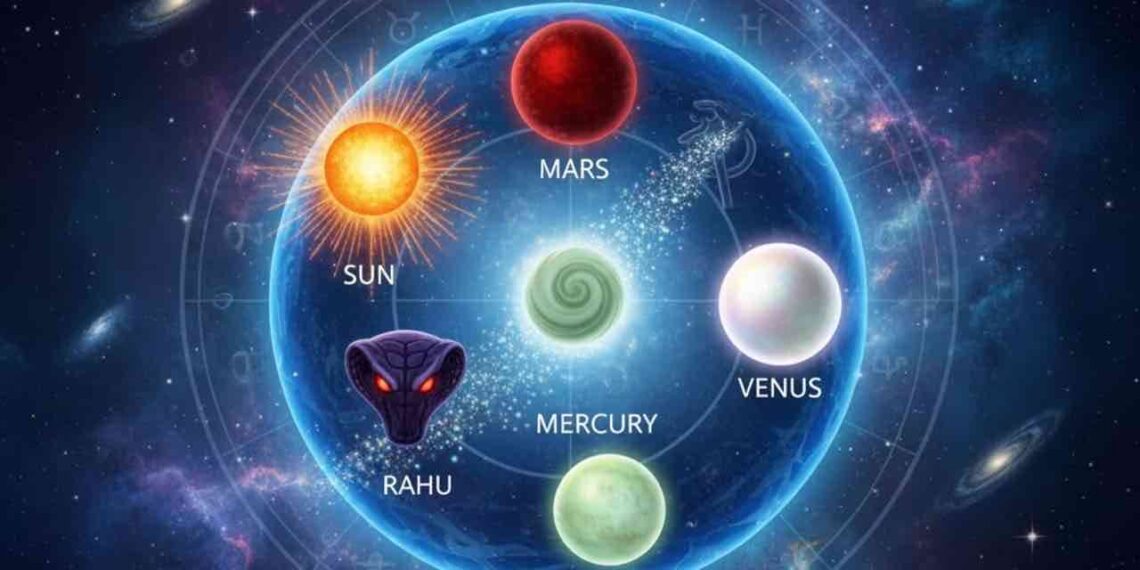 An astrological chart showing the Panchagraha Koota (five-planet conjunction) of Sun, Mars, Venus, Rahu, and Mercury in the Aquarius zodiac sign against a cosmic space background.