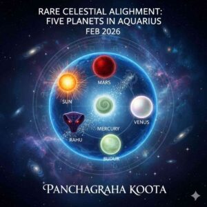 An astrological chart showing the Panchagraha Koota (five-planet conjunction) of Sun, Mars, Venus, Rahu, and Mercury in the Aquarius zodiac sign against a cosmic space background.