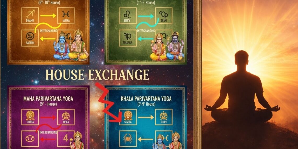Vedic Astrology Parivartana Yoga conceptual image showing planet exchange in a South Indian style horoscope chart with cosmic background.
