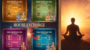 Vedic Astrology Parivartana Yoga conceptual image showing planet exchange in a South Indian style horoscope chart with cosmic background.
