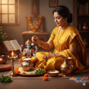 ಹಳದಿ ಸೀರೆಯನ್ನು ಧರಿಸಿದ ಮಹಿಳೆಯೊಬ್ಬರು ಮನೆಯ ಪೂಜಾ ಕೊಠಡಿಯಲ್ಲಿ ಕುಳಿತು, ಭಗವಾನ್ ವಿಷ್ಣುವಿನ ವಿಗ್ರಹಕ್ಕೆ ತಾಮ್ರದ ಪಾತ್ರೆಯಿಂದ ಹಾಲಿನ ಅಭಿಷೇಕ ಮಾಡುತ್ತಿರುವ ದೃಶ್ಯ. ಸುತ್ತಲೂ ಹಣತೆ, ಹೂವು ಮತ್ತು ಪೂಜಾ ಸಾಮಗ್ರಿಗಳಿವೆ.