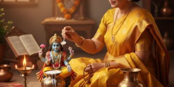 ಹಳದಿ ಸೀರೆಯನ್ನು ಧರಿಸಿದ ಮಹಿಳೆಯೊಬ್ಬರು ಮನೆಯ ಪೂಜಾ ಕೊಠಡಿಯಲ್ಲಿ ಕುಳಿತು, ಭಗವಾನ್ ವಿಷ್ಣುವಿನ ವಿಗ್ರಹಕ್ಕೆ ತಾಮ್ರದ ಪಾತ್ರೆಯಿಂದ ಹಾಲಿನ ಅಭಿಷೇಕ ಮಾಡುತ್ತಿರುವ ದೃಶ್ಯ. ಸುತ್ತಲೂ ಹಣತೆ, ಹೂವು ಮತ್ತು ಪೂಜಾ ಸಾಮಗ್ರಿಗಳಿವೆ.