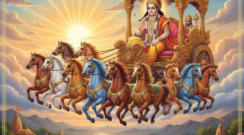 Seven horses pulling a chariot with Sun God (Surya) - Ratha Saptami Concept