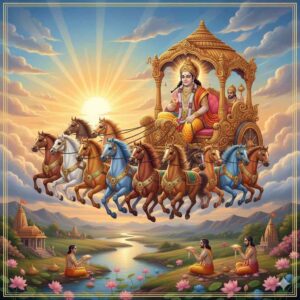 Seven horses pulling a chariot with Sun God (Surya) - Ratha Saptami Concept