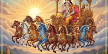 Seven horses pulling a chariot with Sun God (Surya) - Ratha Saptami Concept