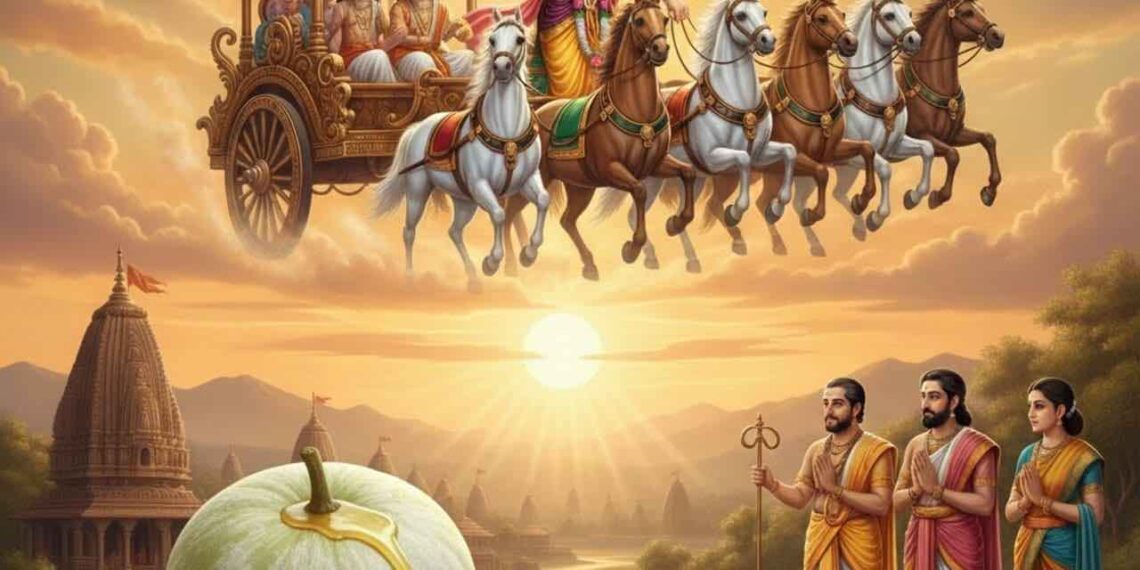 sh Gourd smeared with ghee for Rathasapthami donation with Lord Surya Narayana in a golden chariot in the background.