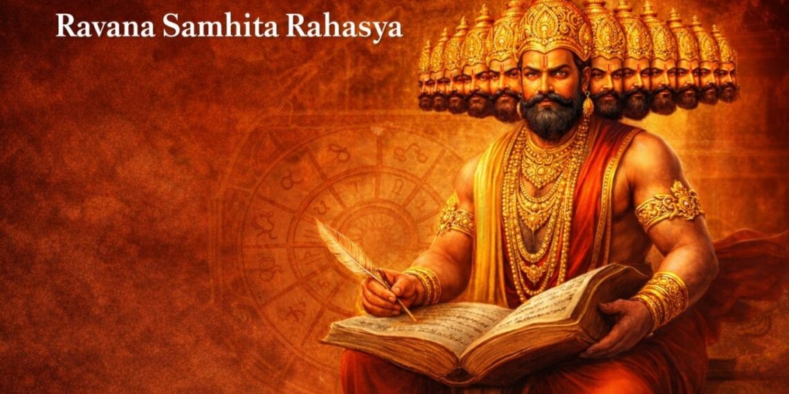 Ancient manuscript of Ravana Samhita with Astrology signs and King Ravana illustration