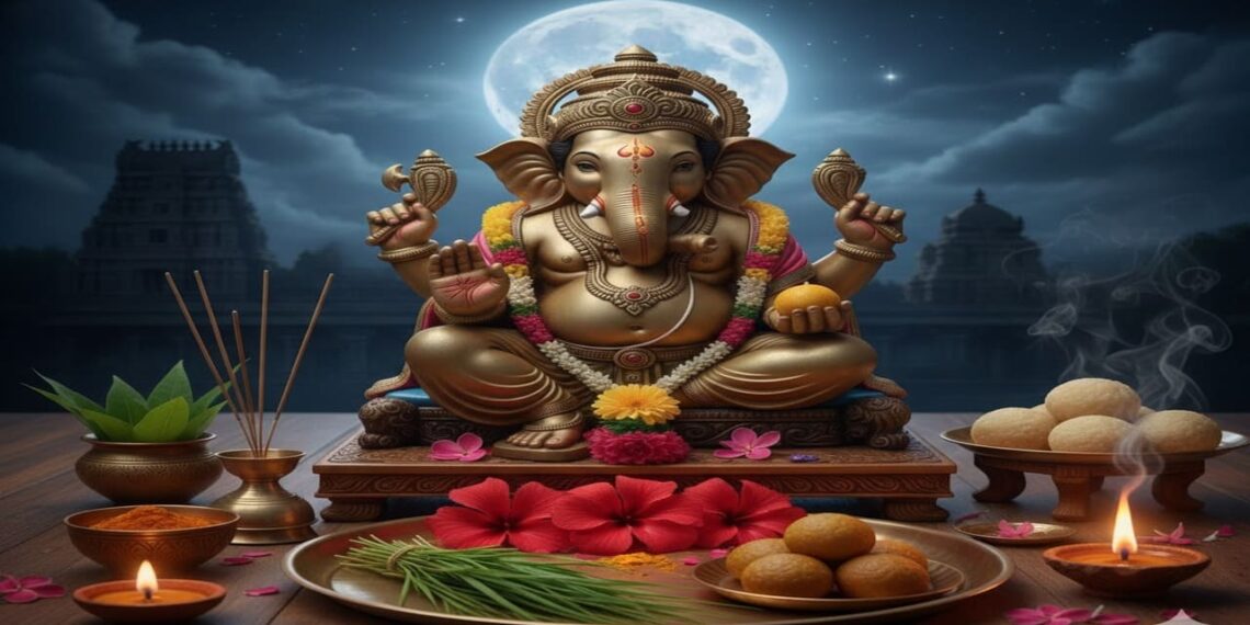 ಸಂಕಷ್ಟಹರ ಚತುರ್ಥಿ ಪೂಜೆಗಾಗಿ ಅಲಂಕರಿಸಲ್ಪಟ್ಟ ಗಣೇಶನ ವಿಗ್ರಹ, ಹಿನ್ನೆಲೆಯಲ್ಲಿ ಹುಣ್ಣಿಮೆಯ ಚಂದ್ರ ಮತ್ತು ಪೂಜಾ ಸಾಮಗ್ರಿಗಳು.