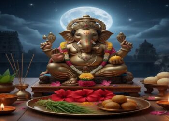 ಸಂಕಷ್ಟಹರ ಚತುರ್ಥಿ ಪೂಜೆಗಾಗಿ ಅಲಂಕರಿಸಲ್ಪಟ್ಟ ಗಣೇಶನ ವಿಗ್ರಹ, ಹಿನ್ನೆಲೆಯಲ್ಲಿ ಹುಣ್ಣಿಮೆಯ ಚಂದ್ರ ಮತ್ತು ಪೂಜಾ ಸಾಮಗ್ರಿಗಳು.