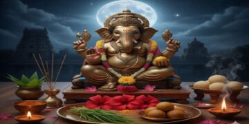 ಸಂಕಷ್ಟಹರ ಚತುರ್ಥಿ ಪೂಜೆಗಾಗಿ ಅಲಂಕರಿಸಲ್ಪಟ್ಟ ಗಣೇಶನ ವಿಗ್ರಹ, ಹಿನ್ನೆಲೆಯಲ್ಲಿ ಹುಣ್ಣಿಮೆಯ ಚಂದ್ರ ಮತ್ತು ಪೂಜಾ ಸಾಮಗ್ರಿಗಳು.