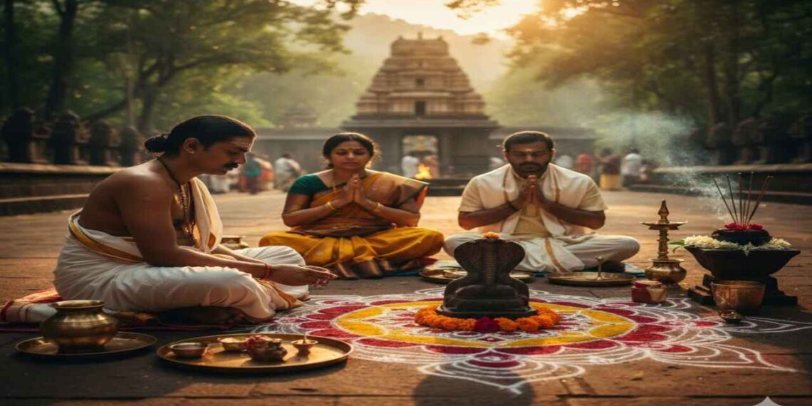 A South Indian couple performing a traditional Naga Puja or Sarpa Samskara ritual at a temple under the guidance of a priest to alleviate Sarpa Dosha.