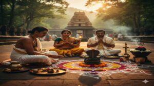 A South Indian couple performing a traditional Naga Puja or Sarpa Samskara ritual at a temple under the guidance of a priest to alleviate Sarpa Dosha.