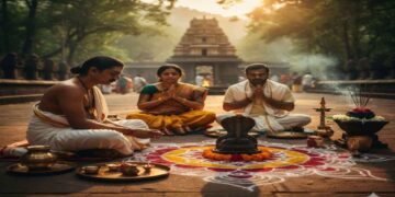 A South Indian couple performing a traditional Naga Puja or Sarpa Samskara ritual at a temple under the guidance of a priest to alleviate Sarpa Dosha.