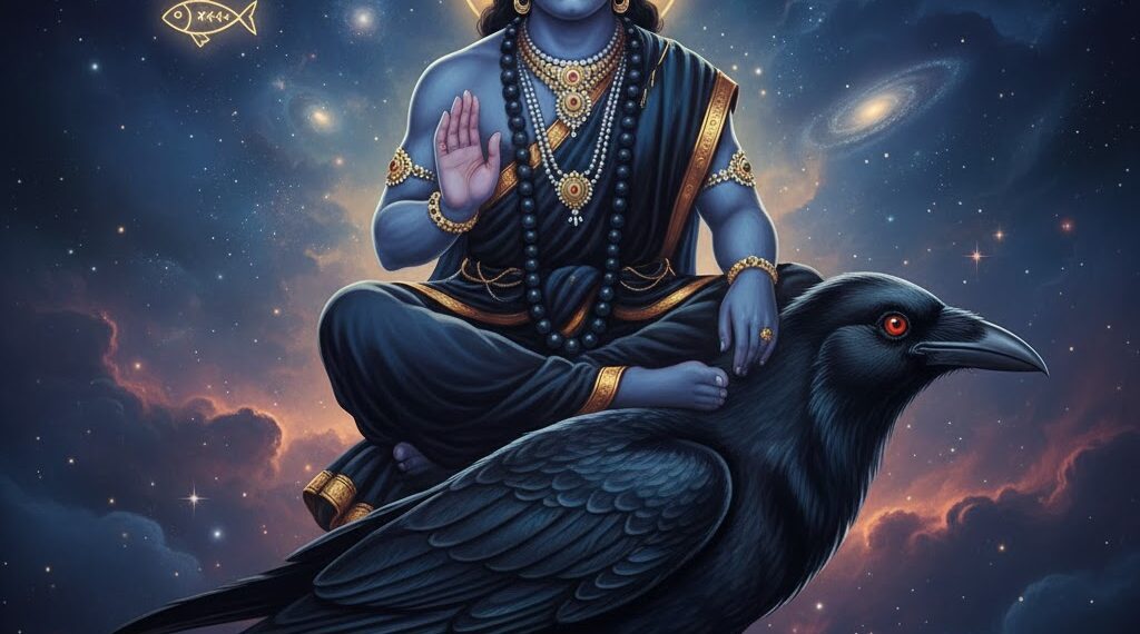 Lord Shani Dev in meditative pose - Shani Transit 2026 effects for Meena and Mesha Rashi