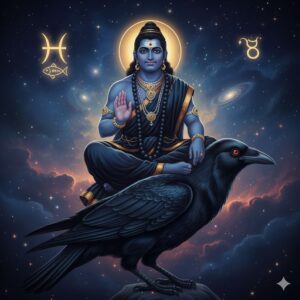 Lord Shani Dev in meditative pose - Shani Transit 2026 effects for Meena and Mesha Rashi