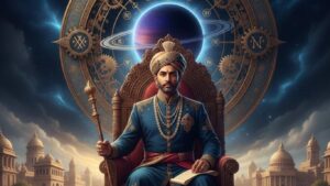 A powerful king sitting on a throne representing Shasha Yoga in Vedic Astrology with Saturn planet and zodiac wheel in the background.