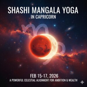 A vibrant celestial illustration showing the conjunction of the Red Planet Mars and the glowing Moon in Capricorn constellation, with the text Shashi Mangala Yoga in Capricorn Feb 15-17, 2026.