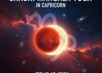 A vibrant celestial illustration showing the conjunction of the Red Planet Mars and the glowing Moon in Capricorn constellation, with the text Shashi Mangala Yoga in Capricorn Feb 15-17, 2026.