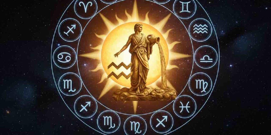 Astrology infographic showing Sun's transit into Aquarius in 2026. Features the sun merging with the Aquarius zodiac symbol (a water-bearer) surrounded by all twelve zodiac signs against a cosmic background. Includes dates of entry (Feb 13, 2026) and departure (Mar 15, 2026).