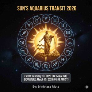 Astrology infographic showing Sun's transit into Aquarius in 2026. Features the sun merging with the Aquarius zodiac symbol (a water-bearer) surrounded by all twelve zodiac signs against a cosmic background. Includes dates of entry (Feb 13, 2026) and departure (Mar 15, 2026).