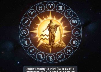 Astrology infographic showing Sun's transit into Aquarius in 2026. Features the sun merging with the Aquarius zodiac symbol (a water-bearer) surrounded by all twelve zodiac signs against a cosmic background. Includes dates of entry (Feb 13, 2026) and departure (Mar 15, 2026).