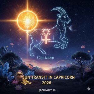 Sun Transit in Capricorn 2026 Makara Sankranti astrology illustration with English text