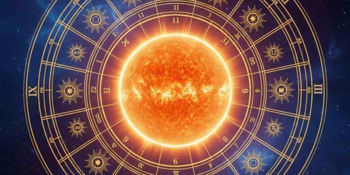 A mystical and glowing golden sun at the center of a celestial zodiac wheel with twelve astrological houses, set against a deep cosmic star-filled background.