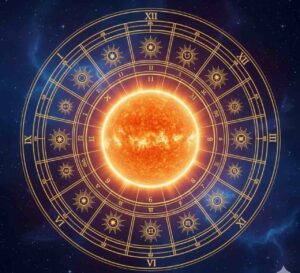 A mystical and glowing golden sun at the center of a celestial zodiac wheel with twelve astrological houses, set against a deep cosmic star-filled background.