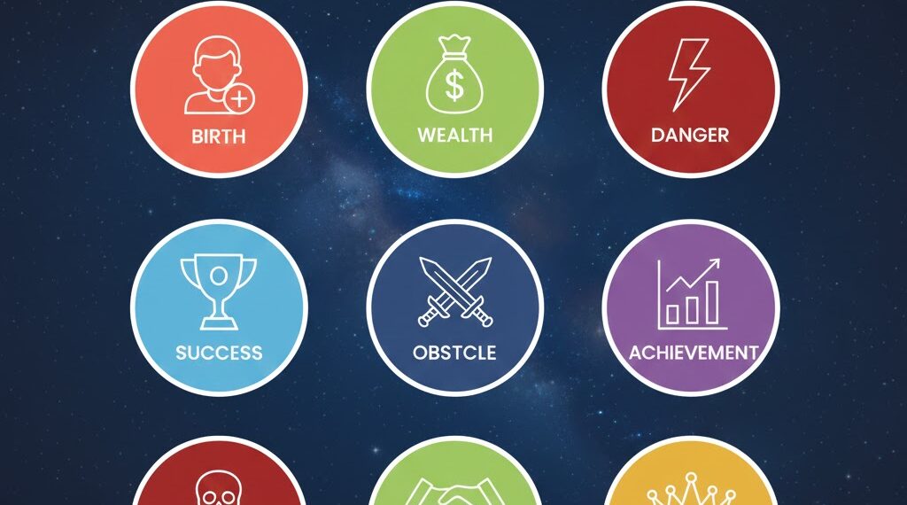 Circular infographic of Hindu astrology Tara Bala with nine color-coded icons representing different star positions on a cosmic background.