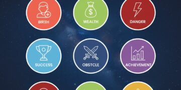 Circular infographic of Hindu astrology Tara Bala with nine color-coded icons representing different star positions on a cosmic background.