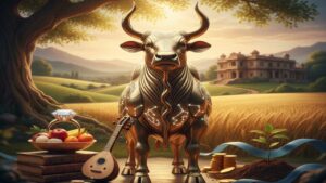 A golden bull statue representing Taurus zodiac sign, surrounded by a diamond ring, musical instrument, gold coins, and a lush farm background.