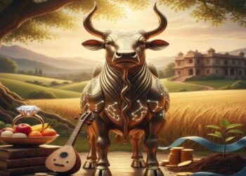 A golden bull statue representing Taurus zodiac sign, surrounded by a diamond ring, musical instrument, gold coins, and a lush farm background.