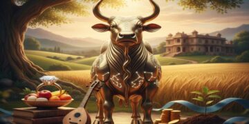 A golden bull statue representing Taurus zodiac sign, surrounded by a diamond ring, musical instrument, gold coins, and a lush farm background.