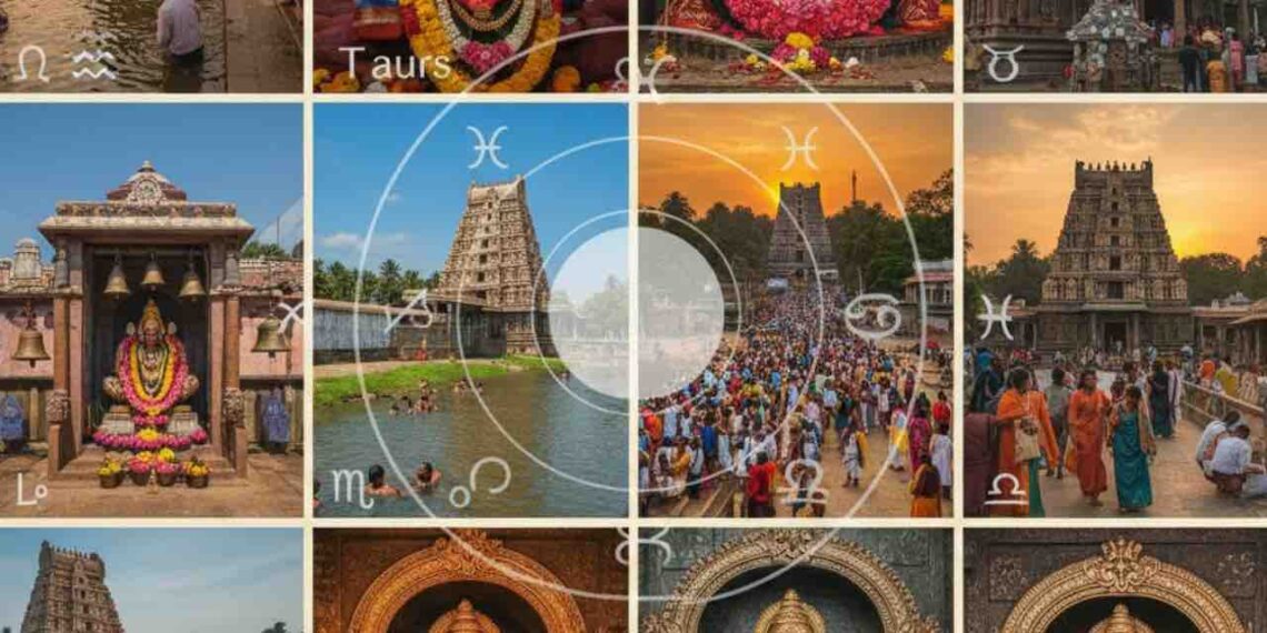 A collage of South Indian temples and Hindu deities representing 12 zodiac signs remedies by Astrologer Vithal Bhat.