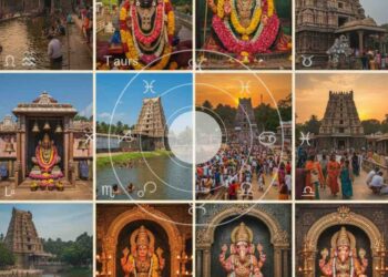 A collage of South Indian temples and Hindu deities representing 12 zodiac signs remedies by Astrologer Vithal Bhat.