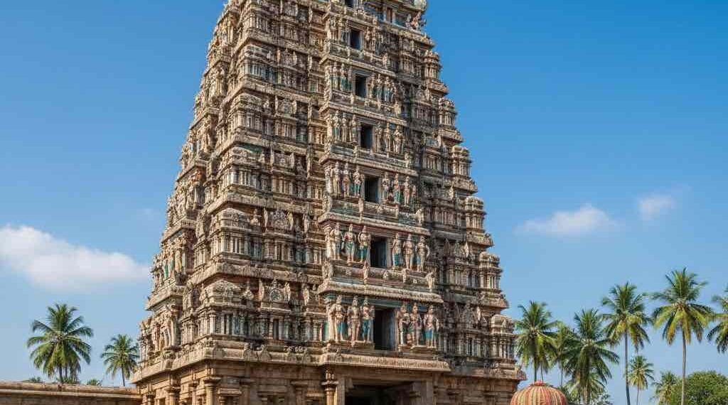 ತಿರುಕೋಯಿಲೂರ್ ತ್ರಿವಿಕ್ರಮ ಸ್ವಾಮಿ ದೇವಸ್ಥಾನದ ಭವ್ಯ ರಾಜಗೋಪುರ ಮತ್ತು ತ್ರಿವಿಕ್ರಮ ಮೂರ್ತಿ