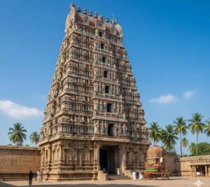 ತಿರುಕೋಯಿಲೂರ್ ತ್ರಿವಿಕ್ರಮ ಸ್ವಾಮಿ ದೇವಸ್ಥಾನದ ಭವ್ಯ ರಾಜಗೋಪುರ ಮತ್ತು ತ್ರಿವಿಕ್ರಮ ಮೂರ್ತಿ