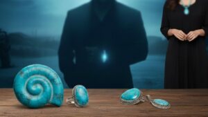 Turquoise gemstone jewelry with blurred celebrity background showing bracelet and necklace for astrological benefits.