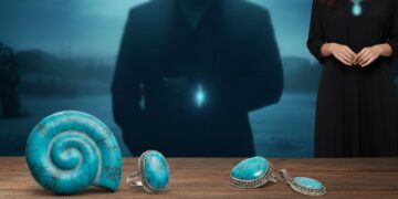 Turquoise gemstone jewelry with blurred celebrity background showing bracelet and necklace for astrological benefits.