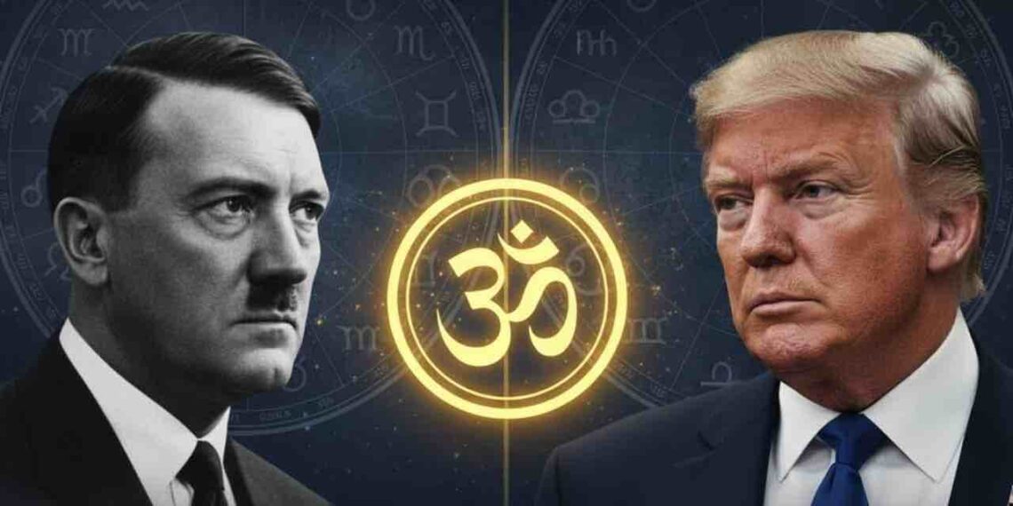 Comparison of Adolf Hitler and Donald Trump with a Vedic Astrology backdrop, highlighting the cosmic link and Saturn in Cancer analysis.
