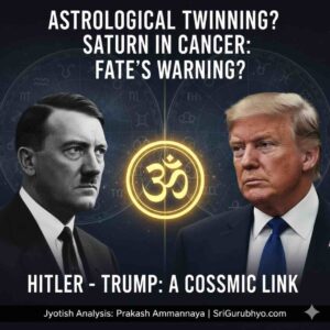 Comparison of Adolf Hitler and Donald Trump with a Vedic Astrology backdrop, highlighting the cosmic link and Saturn in Cancer analysis.