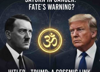 Comparison of Adolf Hitler and Donald Trump with a Vedic Astrology backdrop, highlighting the cosmic link and Saturn in Cancer analysis.