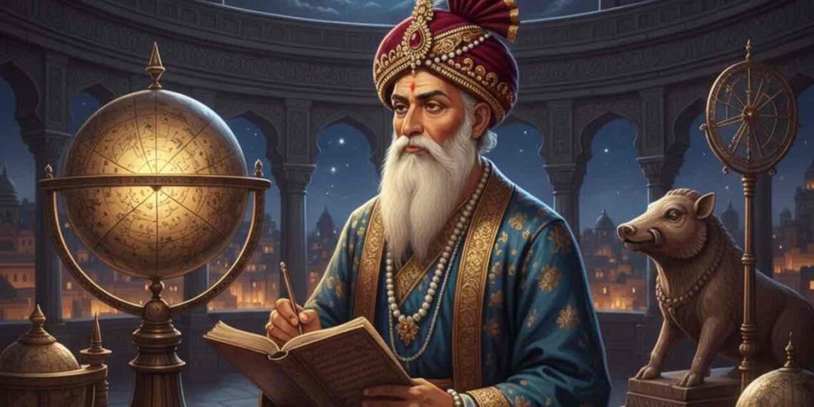 An artistic depiction of the ancient Indian astronomer and mathematician Varahamihira, seated with celestial globes and ancient manuscripts under a starry night sky.