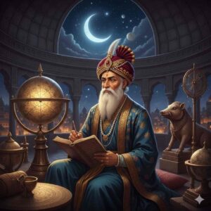 An artistic depiction of the ancient Indian astronomer and mathematician Varahamihira, seated with celestial globes and ancient manuscripts under a starry night sky.