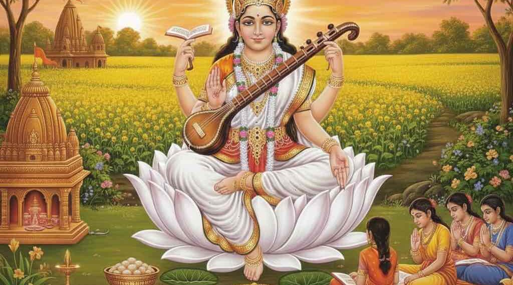 ವೀಣೆ ಹಿಡಿದಿರುವ ಸರಸ್ವತಿ ದೇವಿಯ ಚಿತ್ರ - ವಸಂತ ಪಂಚಮಿ ಆಚರಣೆ